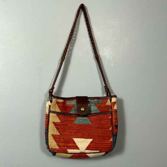 Leather Trim Tapestry Shoulder Bag - Picture 1 of 16